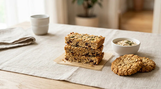 Golden-brown homemade oat energy bars and oatmeal cookies on a linen tablecloth over a light wood table, with a small ceramic bowl of seeds and oats beside them