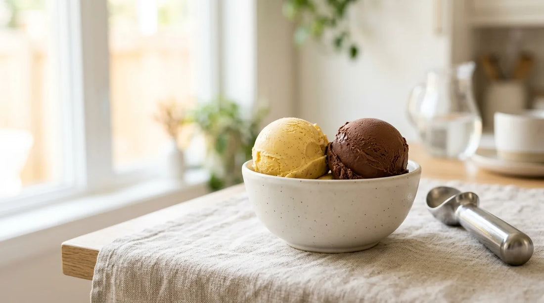 Two firm ice cream scoops in a white stoneware bowl beside a stainless steel ice cream scoop on a linen tablecloth