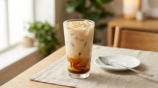 Layered iced caramel latte in a clear glass with golden caramel drizzle on a linen tablecloth