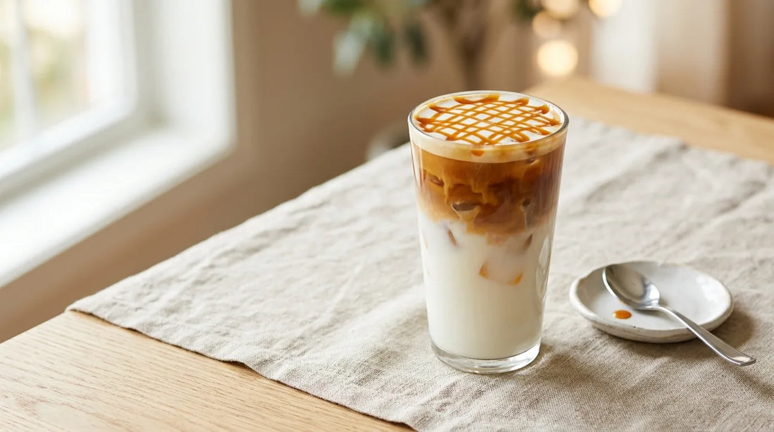 Iced caramel macchiato at home in a tall clear glass showing amber espresso layered over cold milk and ice with a caramel crosshatch drizzle on a light wood table