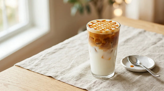 Iced caramel macchiato at home in a tall clear glass showing amber espresso layered over cold milk and ice with a caramel crosshatch drizzle on a light wood table
