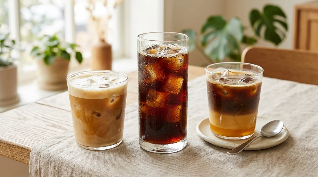 Three iced coffee drinks — cold brew, iced latte, and Vietnamese iced coffee — styled on a linen tablecloth in a bright home café setting