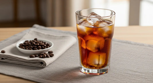 Tall clear glass of rich amber iced coffee with large ice cubes on a linen tablecloth in bright natural light