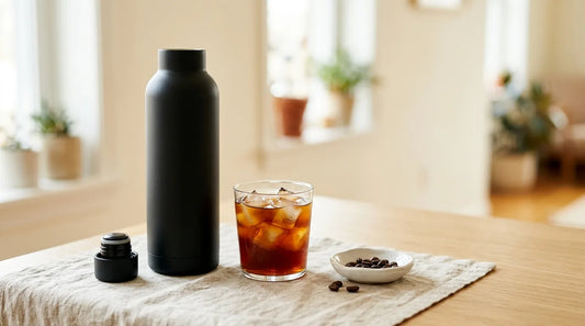 Matte black double-wall travel bottle beside a glass of dark amber iced coffee over clear ice on a linen-covered light wood table