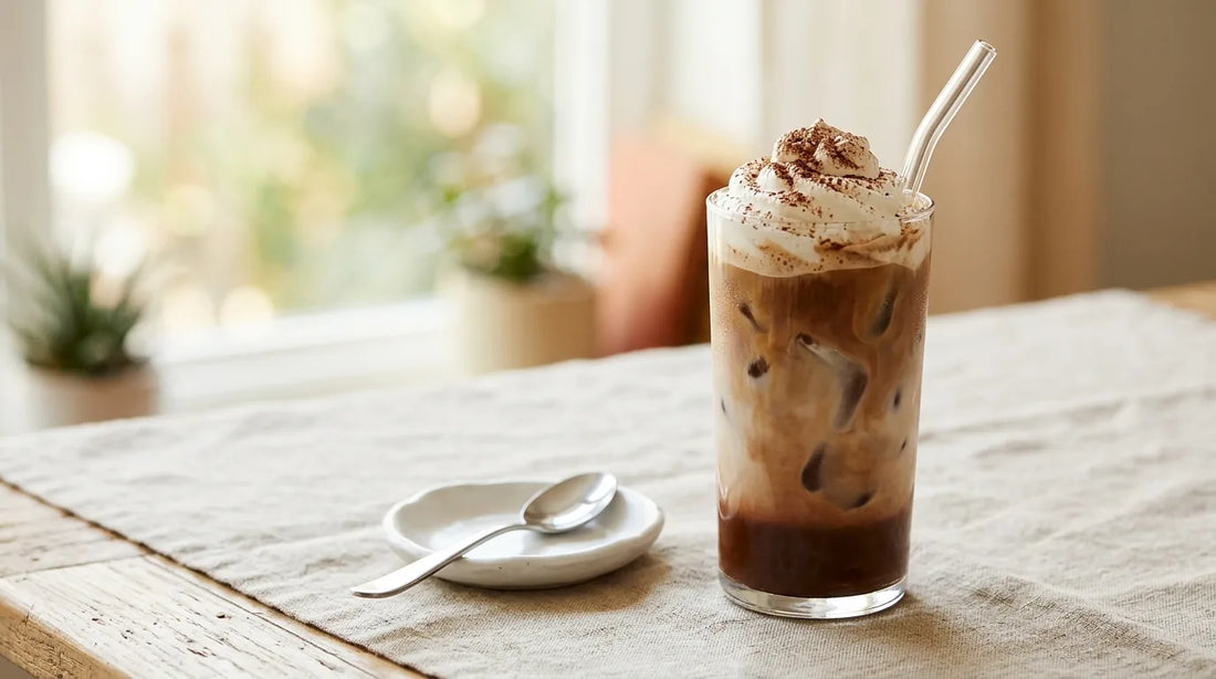 Tall glass of layered iced mocha with whipped cream and cocoa dusting on a light wood table with linen cloth