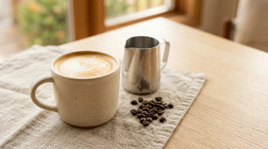 Warm hot latte in a cream stoneware mug beside a steel milk pitcher on a linen tablecloth — fall home café setup