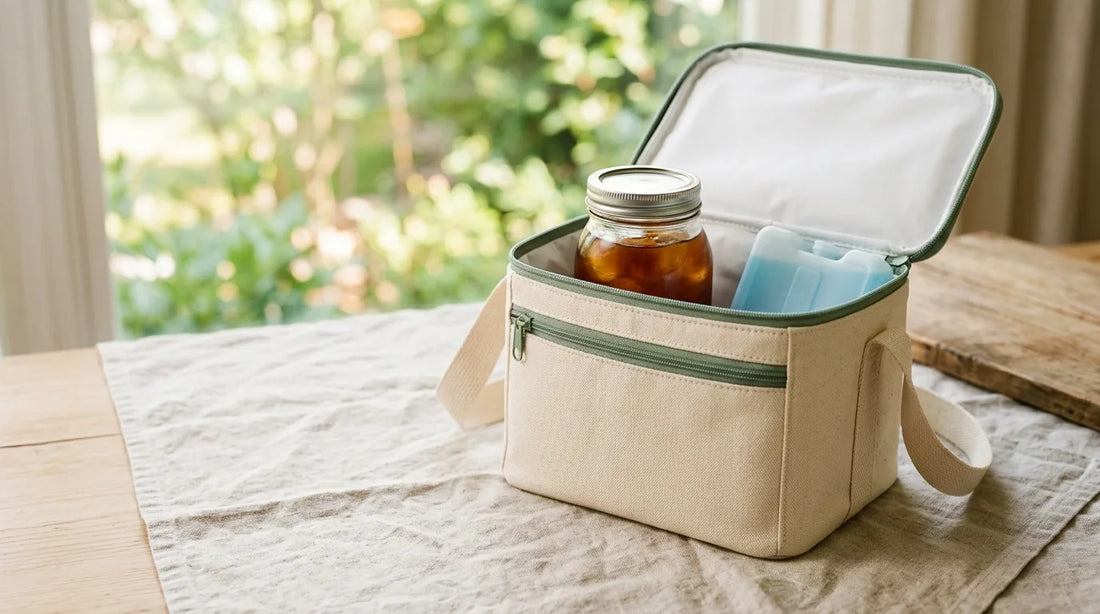 Soft-sided insulated cooler bag for iced coffee unzipped with a 32 oz cold brew mason jar and slim gel ice pack on a linen-covered light wood table
