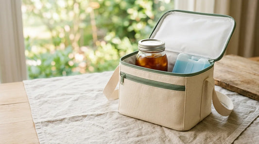 Soft-sided insulated cooler bag for iced coffee unzipped with a 32 oz cold brew mason jar and slim gel ice pack on a linen-covered light wood table