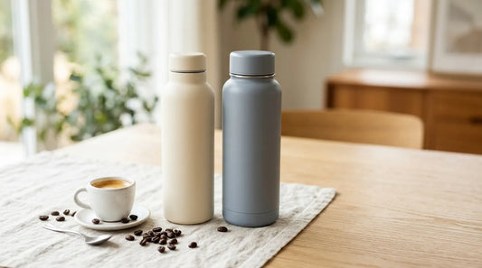 Two matte stainless steel insulated travel bottles in cream and slate beside a white ceramic espresso cup and coffee beans on a linen-covered light wood table