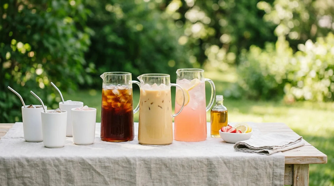 Three glass pitchers of cold brew, iced latte, and sparkling coffee lemonade on a linen-covered light wood table set up as a July 4th backyard self-serve drink station