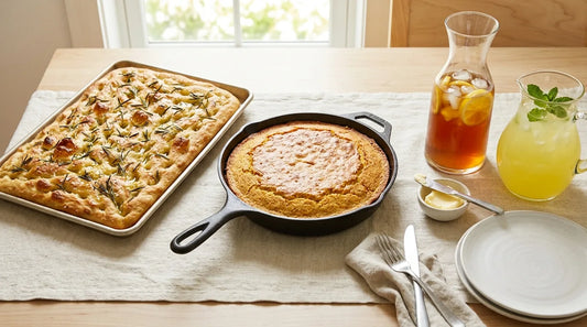 July 4th BBQ baking spread with skillet cornbread, rosemary focaccia, and cold brew lemonade on a linen-covered light wood table