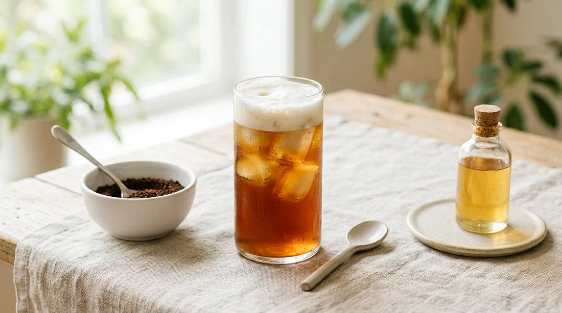 July home café routine still life — tall cold brew glass with cold foam over clear ice beside coarse coffee grounds and a glass syrup bottle on a linen tablecloth
