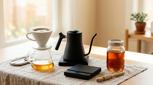 Minimal home café counter with white ceramic pour-over dripper, temperature-controlled gooseneck kettle, digital scale, and cold brew jar on a light wood table in soft morning light