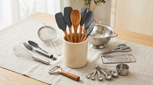 Flat-lay of twelve essential kitchen utensils including silicone spatulas, wooden spoon, whisk, tongs, and measuring cups arranged on a linen tablecloth