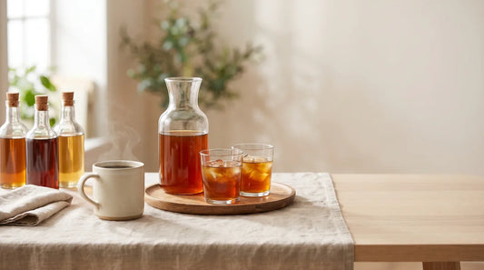 Labor Day brunch café setup with cold brew carafe, iced tumblers, and a warm ceramic mug on a linen-covered light wood table
