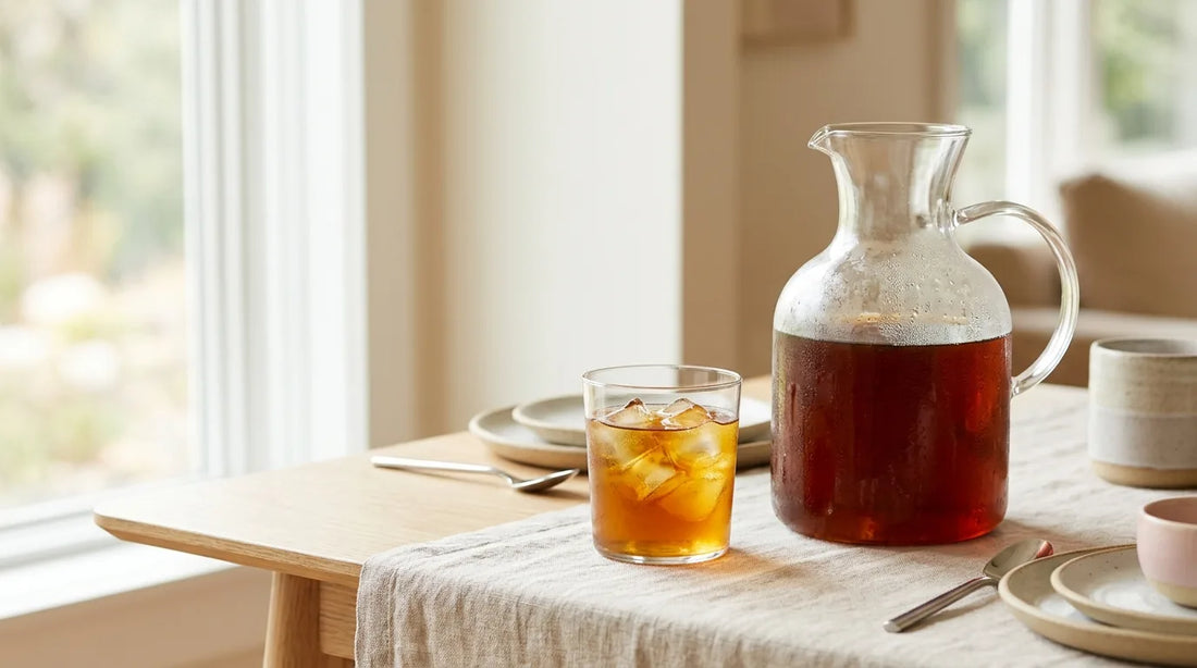 Large glass carafe of dark amber cold brew coffee beside an iced glass tumbler on a linen-covered light wood table