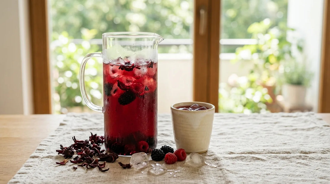 Tall clear pitcher of deep ruby hibiscus-berry iced tea with dried botanicals on a linen tablecloth beside a cream stoneware cup