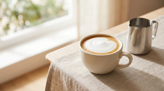 Thick glossy latte microfoam in a cream stoneware ceramic cup beside a small stainless steel milk pitcher on a linen tablecloth