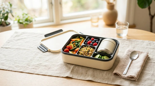 Leak-proof lunch box open on a linen-covered light wood table showing neatly packed compartments with fresh vegetables and a sealed stainless-steel food jar