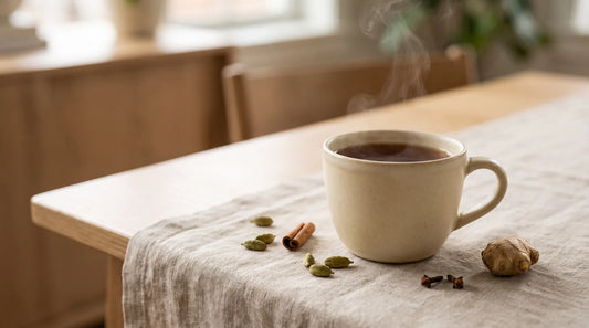 Steaming cream stoneware cup of masala chai surrounded by whole cardamom pods, cinnamon stick, cloves, and fresh ginger on a linen-covered light wood table