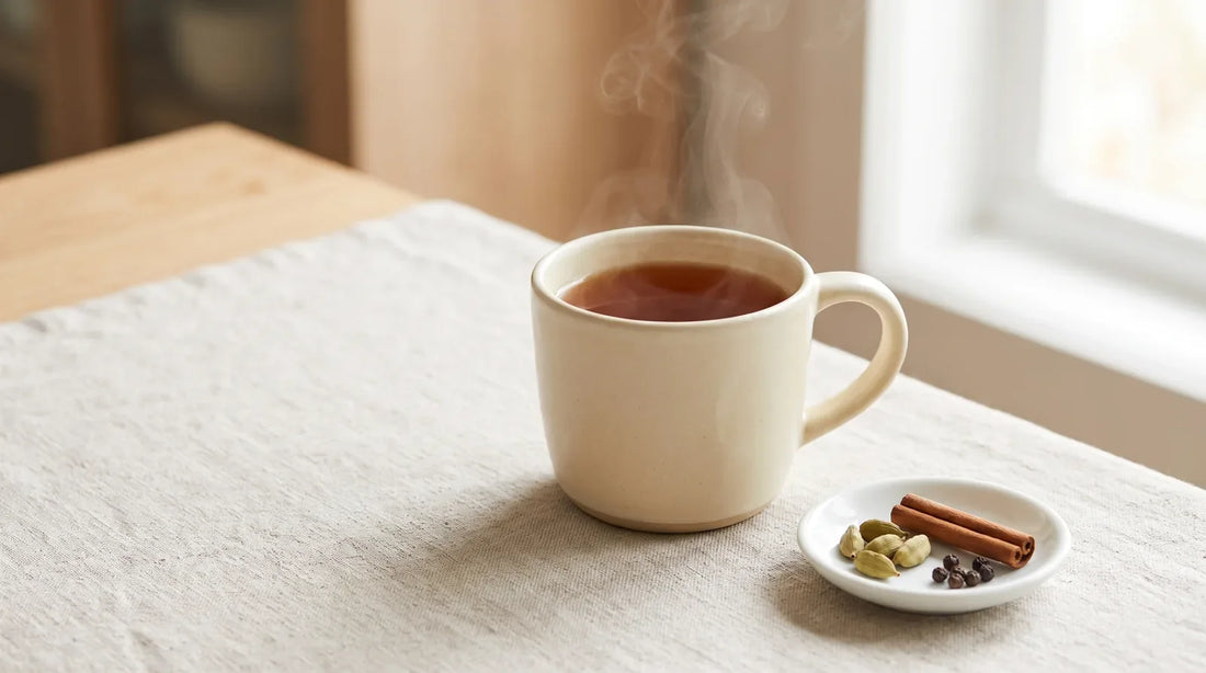Steaming masala chai in a cream stoneware mug with whole cardamom pods and cinnamon stick on a linen tablecloth