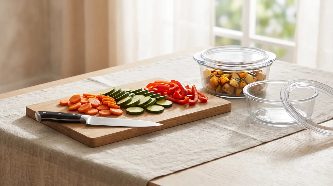 Meal-prep Sunday kit with a large wooden cutting board, sliced vegetables, chef's knife, and glass food storage containers on a light wood table