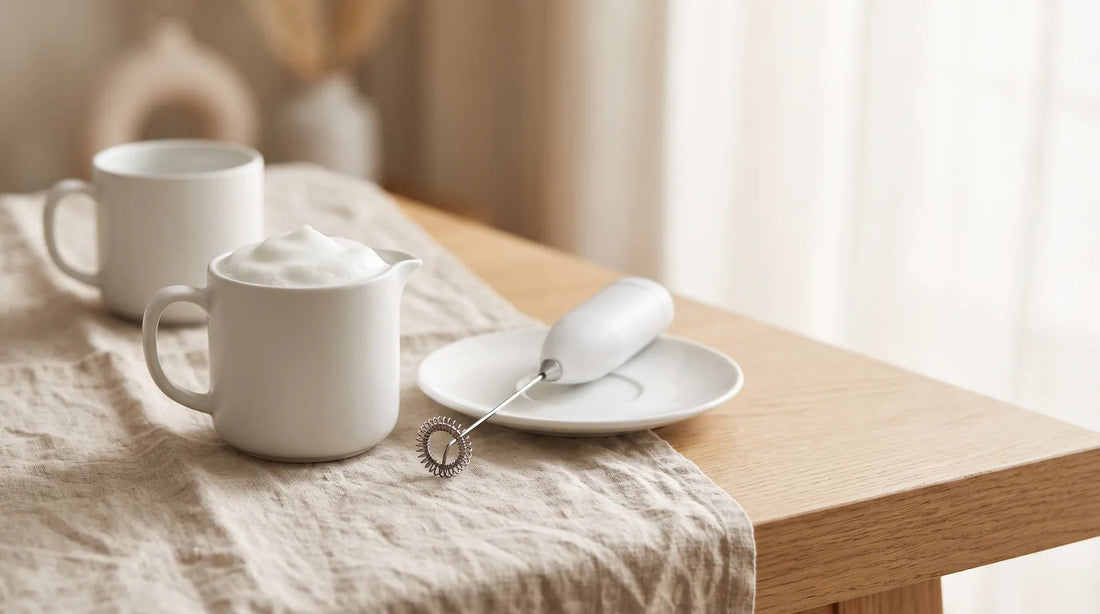 Thick milk foam in a white ceramic pitcher beside a handheld electric frother on a linen tablecloth — how to make milk foam without an espresso machine