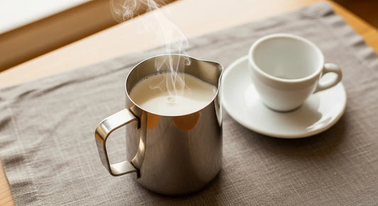 Stainless steel milk frothing pitcher with steamed milk on a linen tablecloth beside a white ceramic espresso cup
