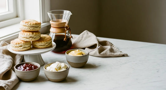 Café-style Mother's Day brunch spread with scones, jam, clotted cream, and pour-over coffee on a marble surface