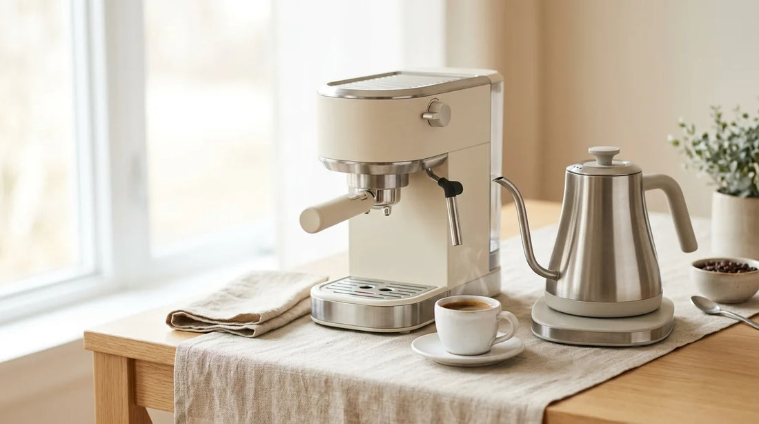 Matte cream espresso machine and brushed-steel gooseneck kettle styled on a linen tablecloth with a white stoneware espresso cup for a Mother's Day coffee gift