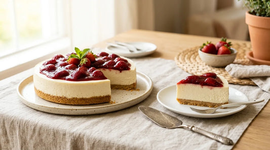 Whole no-bake cheesecake with glossy strawberry topping and a clean sliced portion on a white ceramic plate on a linen-covered light wood table