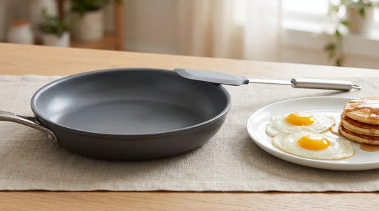 Matte nonstick skillet on a light wood linen table beside a plate of sunny-side-up eggs and golden pancakes with a silicone spatula
