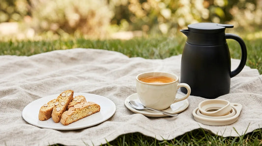 Outdoor café picnic spread with a cream stoneware coffee cup, matte black insulated carafe, and golden almond biscotti on a linen blanket in natural summer sunlight