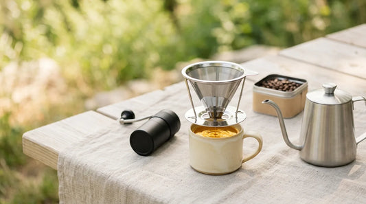 Collapsible pour-over dripper over a cream stoneware mug with a vacuum-insulated gooseneck kettle and hand grinder on a linen-covered picnic table in natural light