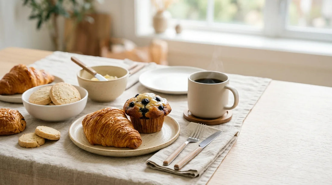 Assortment of golden croissants, blueberry muffins, and shortbread cookies in white ceramic containers on a linen-covered light wood table