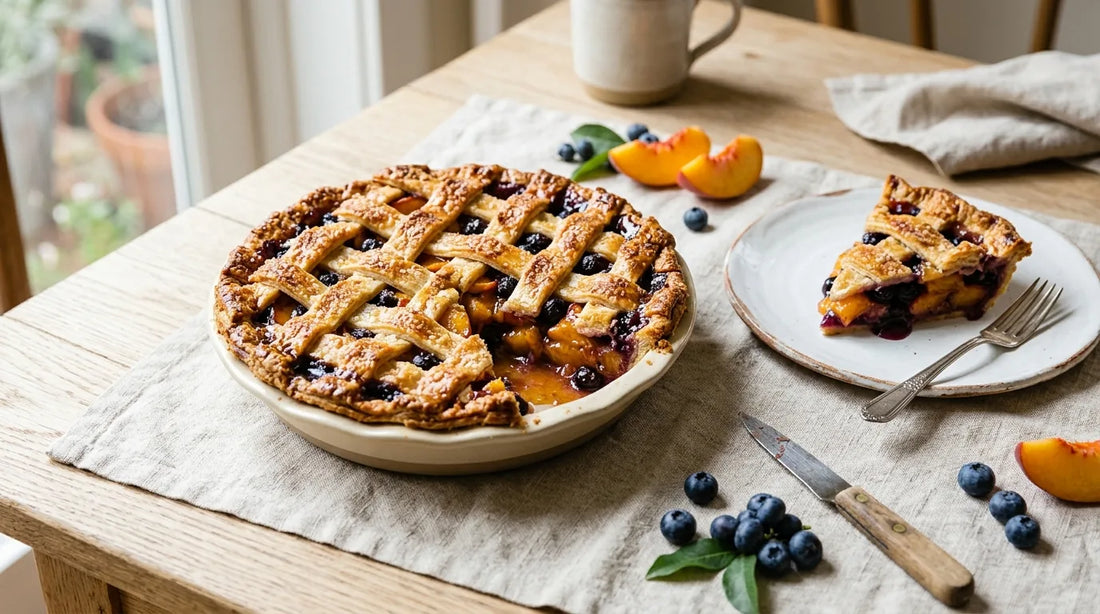 Golden-brown peach and blueberry lattice pie on a linen tablecloth with a slice showing jewel-toned filling on a white ceramic plate