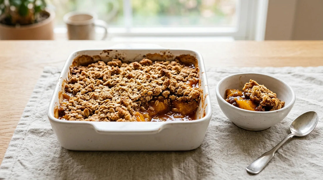 Golden-brown peach crumble in a white ceramic baking dish on a linen tablecloth, with a scooped portion in a white ceramic bowl showing the crisp oat topping and jammy peach filling