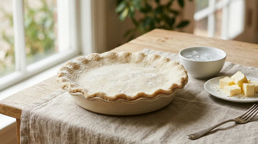 Freshly rolled pie dough draped over a cream ceramic pie dish on a linen-covered light wood table with cold butter cubes and a bowl of ice water beside it