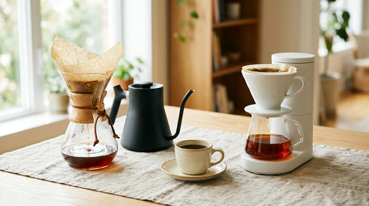 Pour-over Chemex dripper and white ceramic drip coffee maker side by side on a linen tablecloth over a light wood table