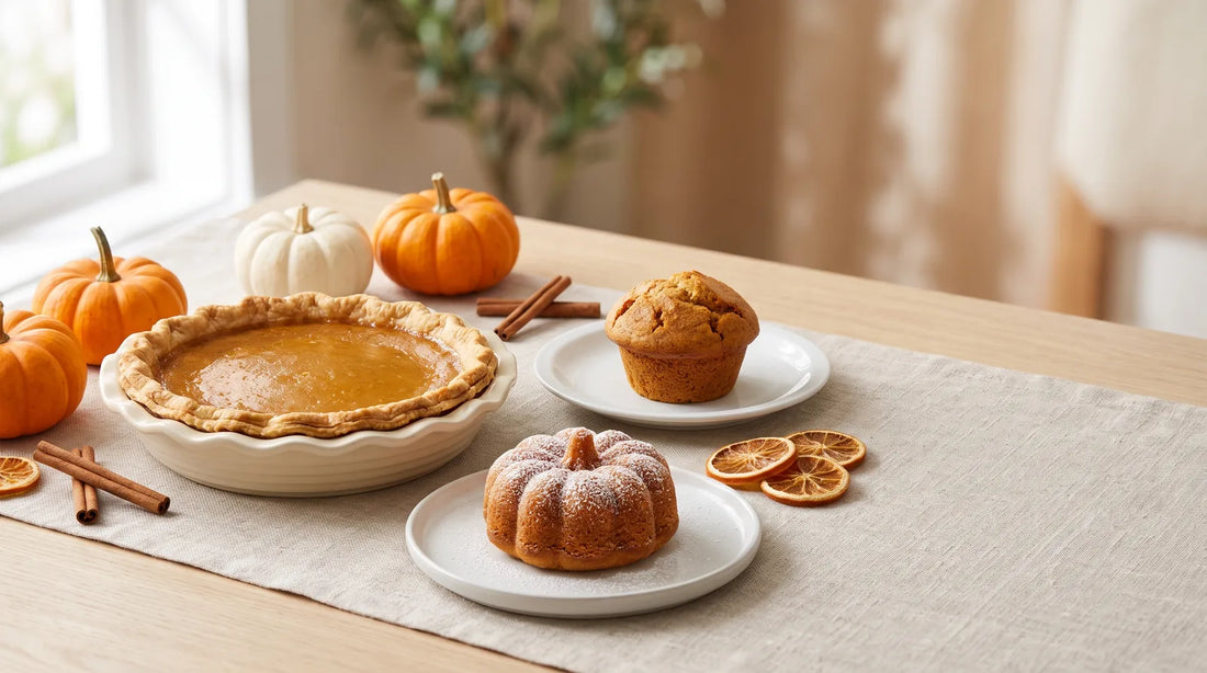Golden-brown pumpkin pie in a cream ceramic pie pan beside a powdered-sugar pumpkin-shaped cake and a muffin on white stoneware plates, styled on a linen tablecloth with autumn props