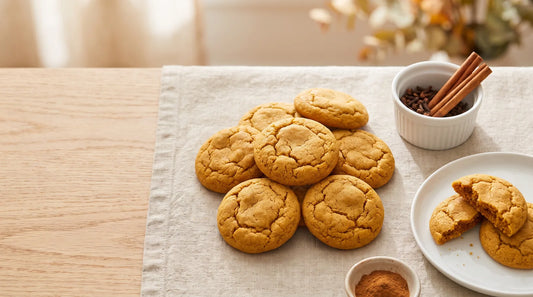 Freshly baked pumpkin spice cookies on a linen tablecloth with cinnamon sticks and spices on a light wood table