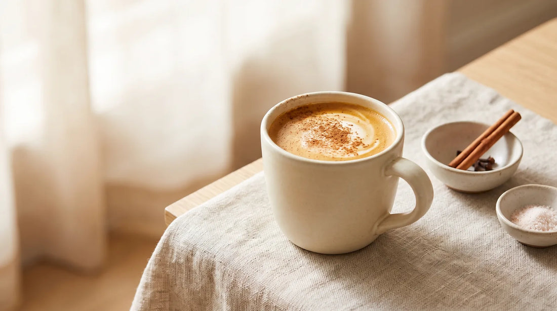 Pumpkin spice latte in a cream stoneware mug dusted with cinnamon, beside pinch bowls of cinnamon sticks and salt on a linen-covered wood table