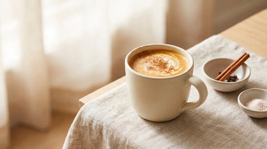 Pumpkin spice latte in a cream stoneware mug dusted with cinnamon, beside pinch bowls of cinnamon sticks and salt on a linen-covered wood table