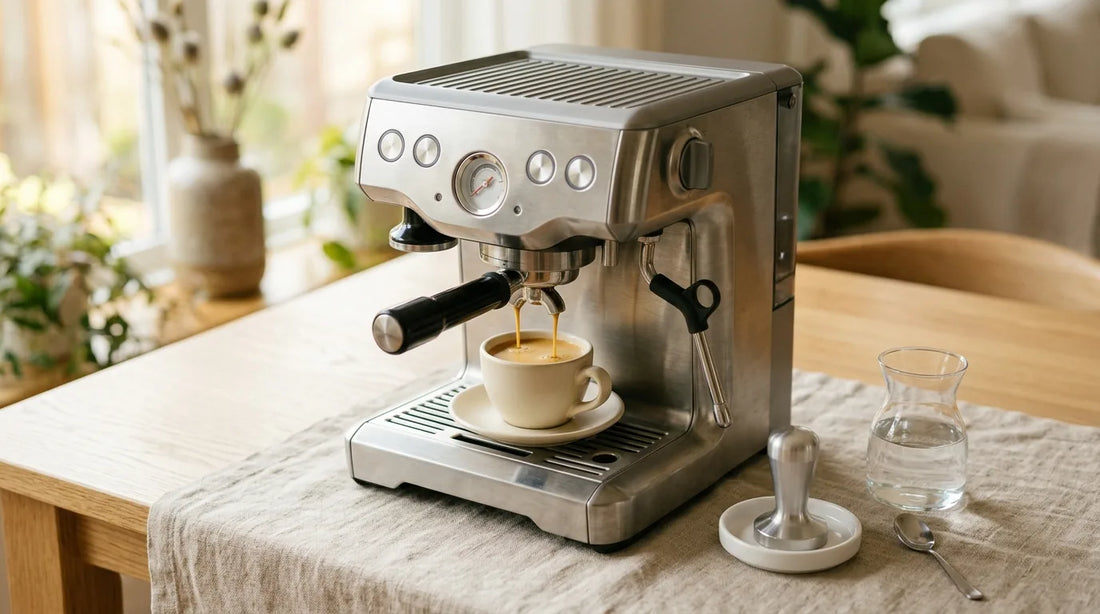 Semi-automatic espresso machine with a golden crema shot in a white stoneware demitasse cup on a light wood table