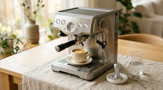 Semi-automatic espresso machine with a golden crema shot in a white stoneware demitasse cup on a light wood table