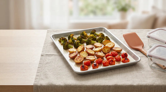 Heavy-gauge rimmed half-sheet baking pan with golden-roasted vegetables on a cream silicone mat, flanked by a silicone spatula and rectangular glass storage containers on a linen-covered light wood table