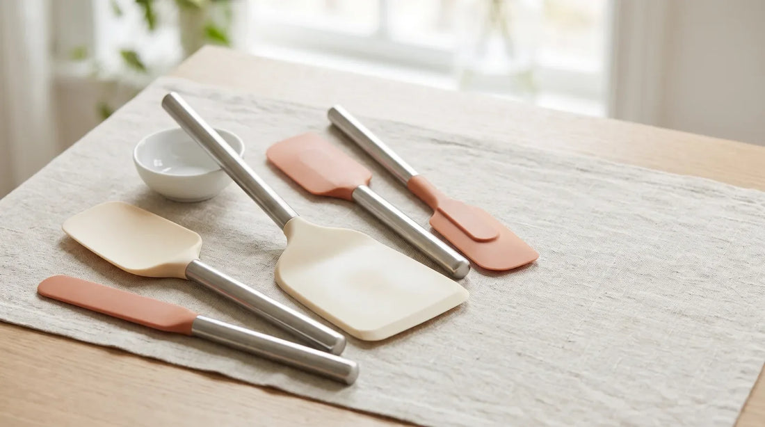Assortment of high-heat silicone spatulas in warm cream and terracotta tones arranged on a linen tablecloth over a light wood table