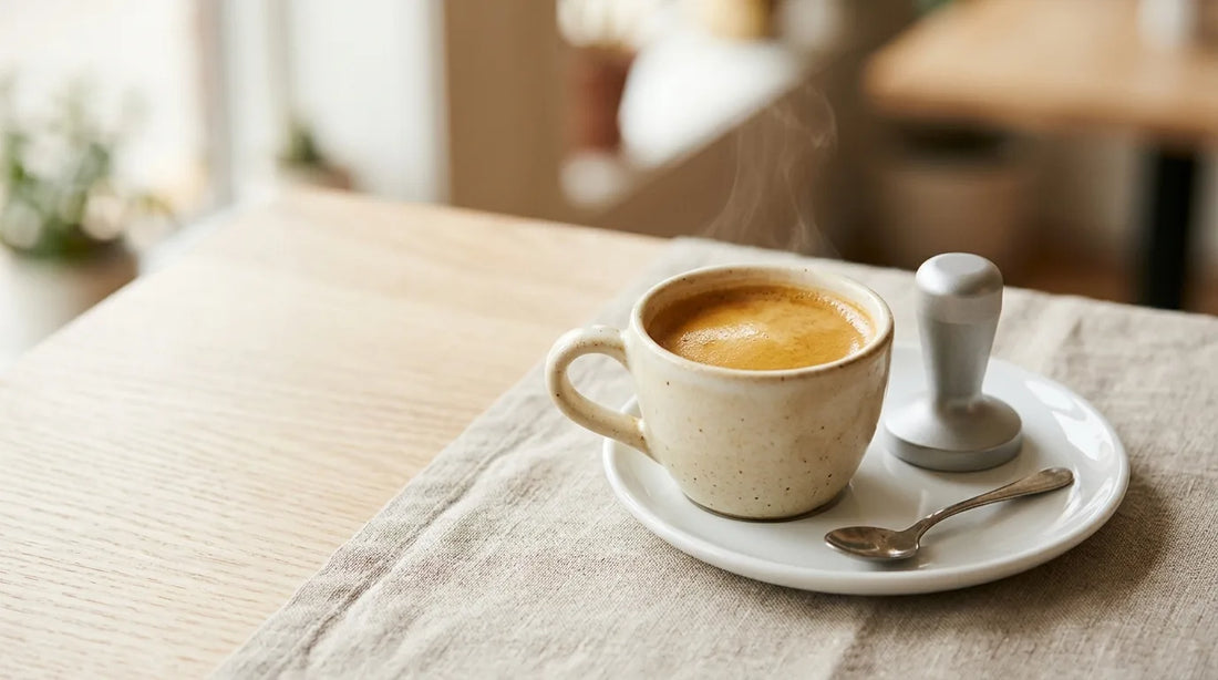 Freshly pulled double espresso with golden crema in a warm cream stoneware demitasse cup beside a silver tamper on a linen tablecloth