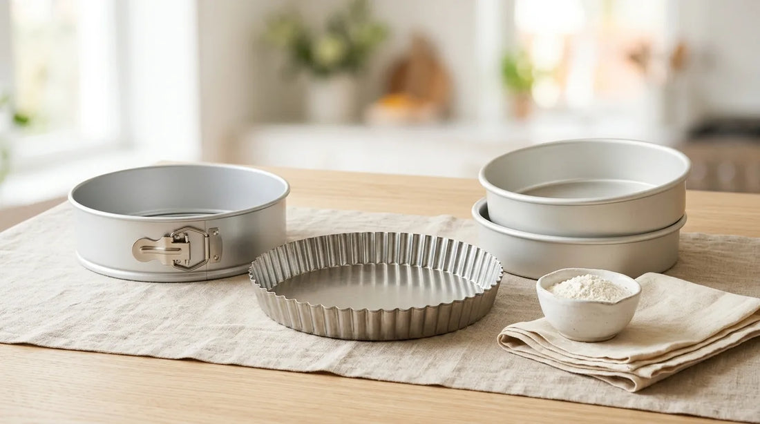 Fluted tart pan, springform pan, and aluminum round cake pans arranged on a linen tablecloth over a light wood table