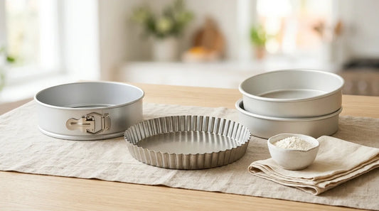 Fluted tart pan, springform pan, and aluminum round cake pans arranged on a linen tablecloth over a light wood table